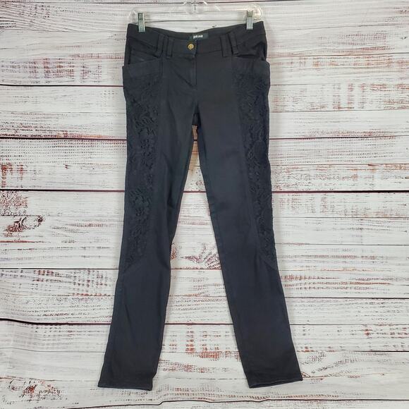 Just Cavalli Black Y2K Whimsigoth Skinny Jeans Low Rise Mesh Floral Lace Trim 28 - Picture 1 of 11